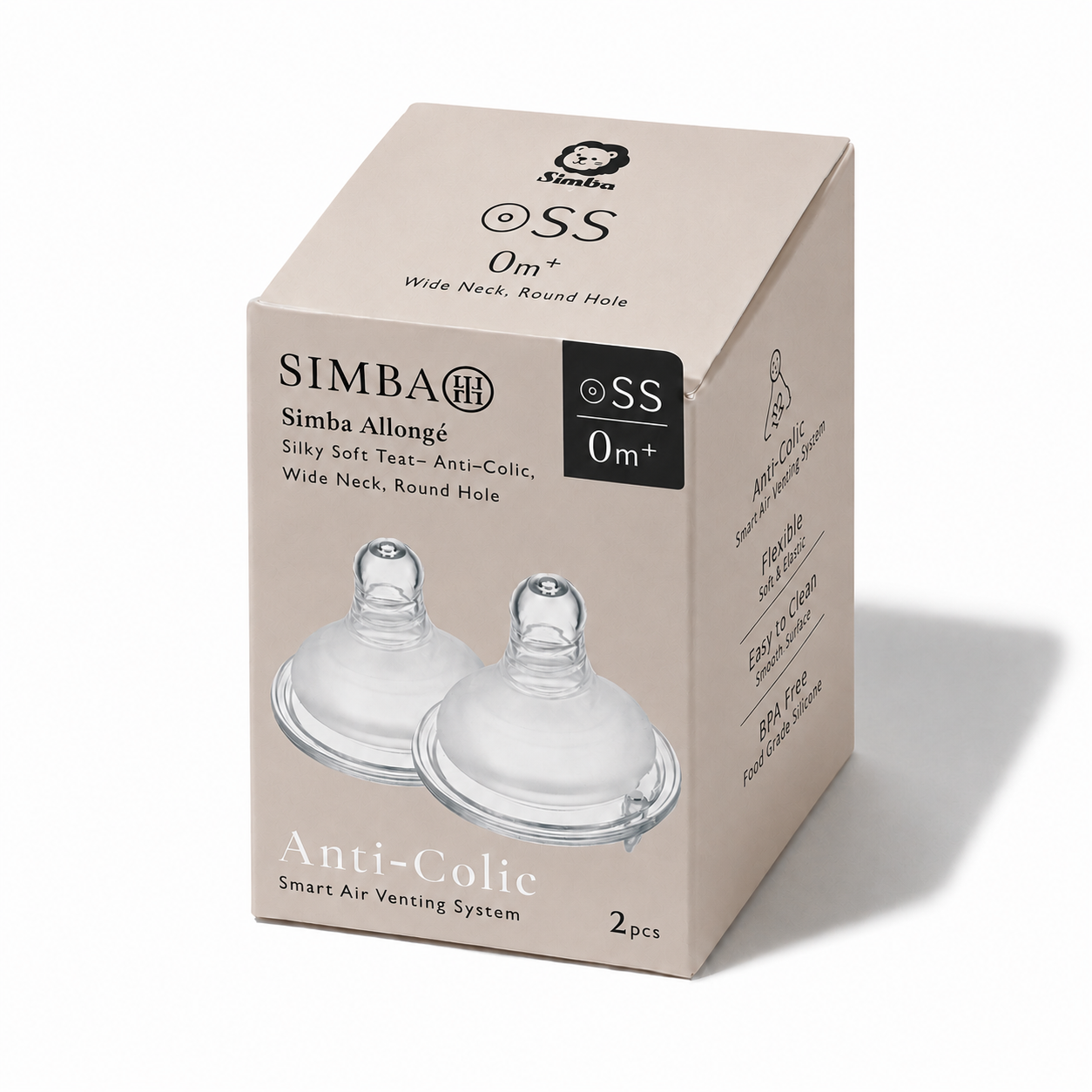 Simba Allongé Silky Soft Teat– Anti-Colic, Wide Neck, Round Hole【 SS-Size, Newborn, 2-Teat】/ Pack