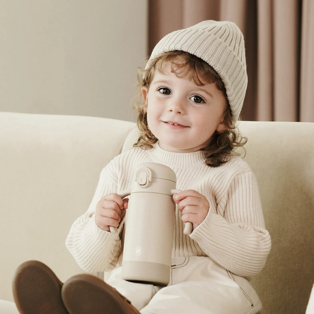 Simba | TEENYLITE Thermal Bottle with Handle &amp; Anti-Splash Straw 330ml -Nook【Beige】 Simba
